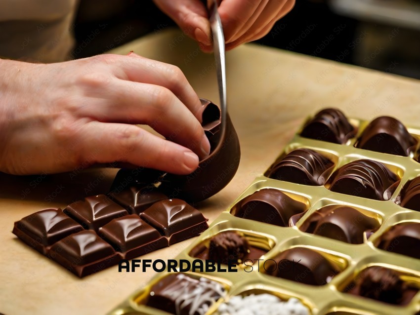 A person is picking out a chocolate from a box