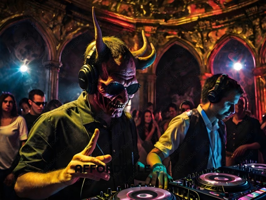 A man wearing a demon mask and sunglasses is spinning records