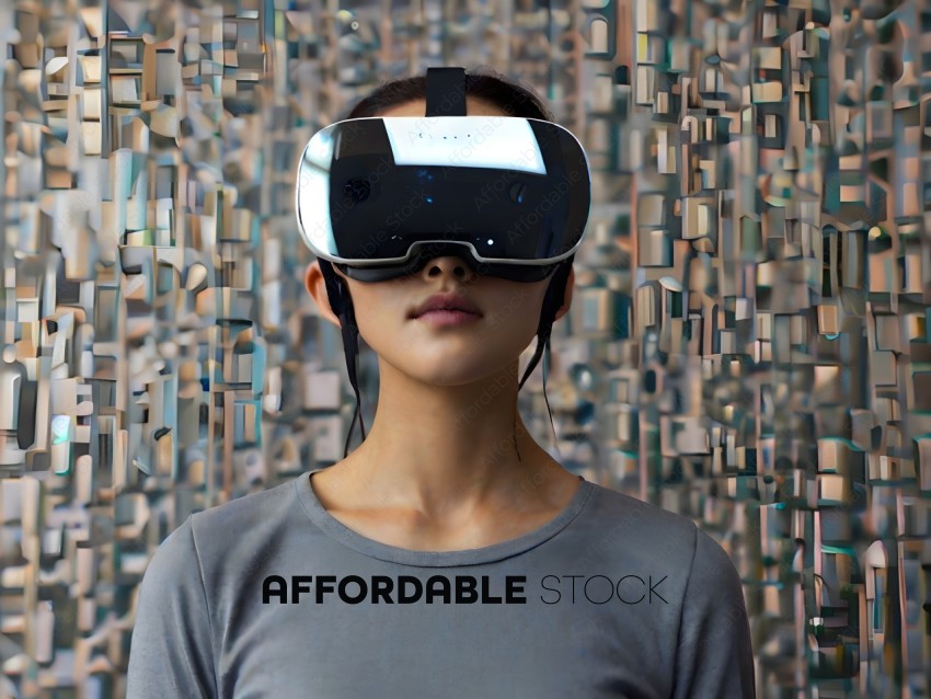 A woman wearing a gray shirt and a virtual reality headset