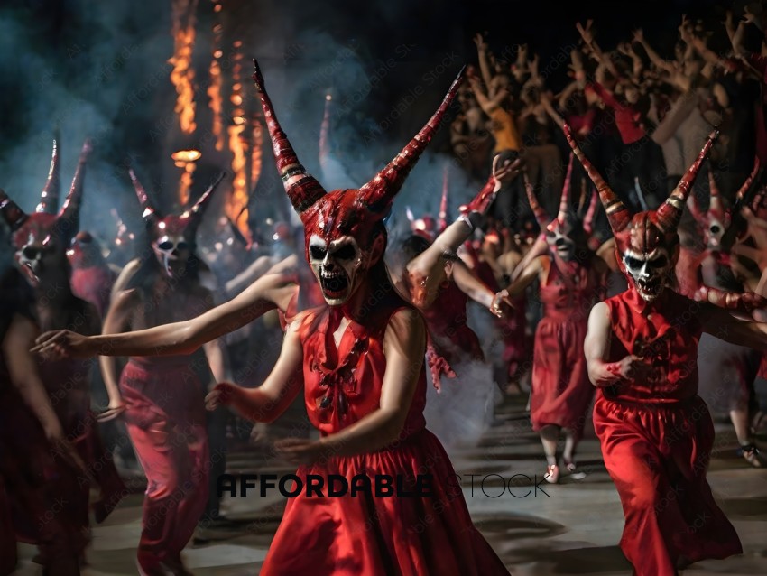 A group of people wearing red and black costumes with horns