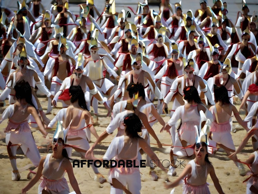 A group of people dressed in white and red costumes