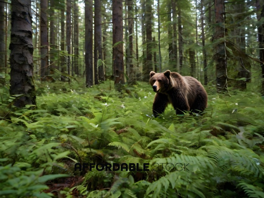 A brown bear walking through a forest