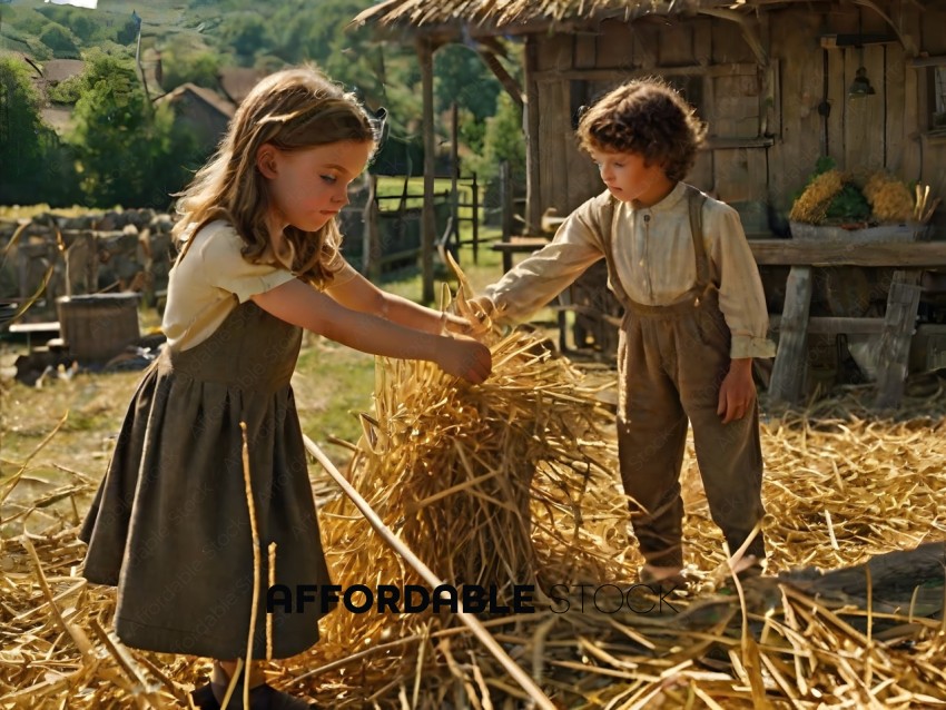 Two children playing with hay