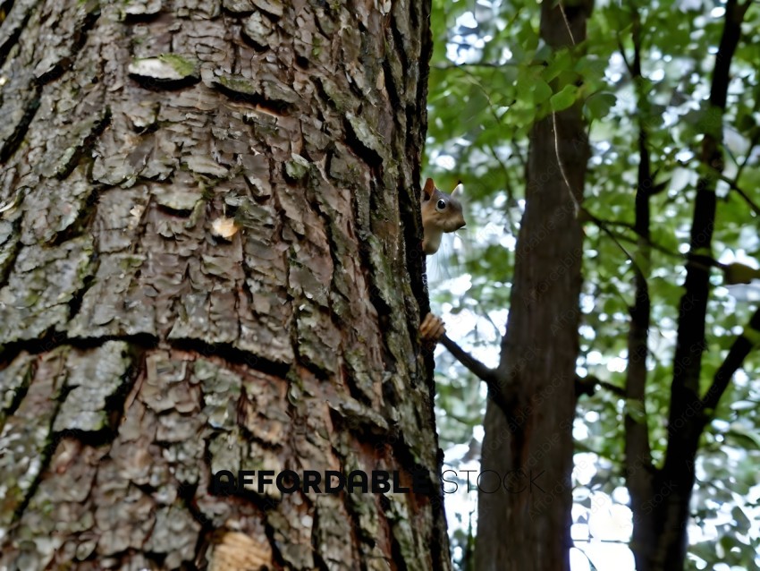 A squirrel climbs up a tree trunk
