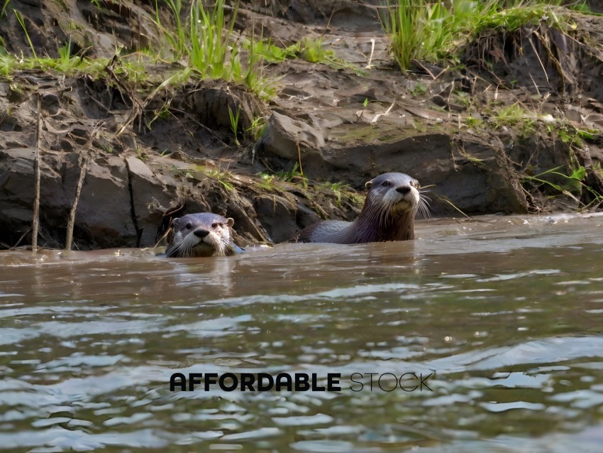 Two otters swimming in a river