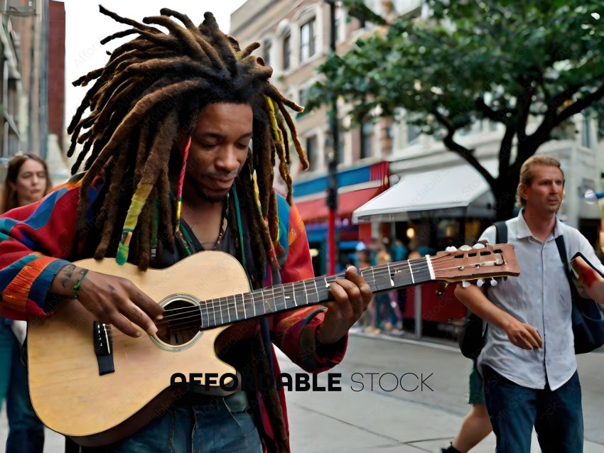 A man with dreadlocks playing a guitar on the street