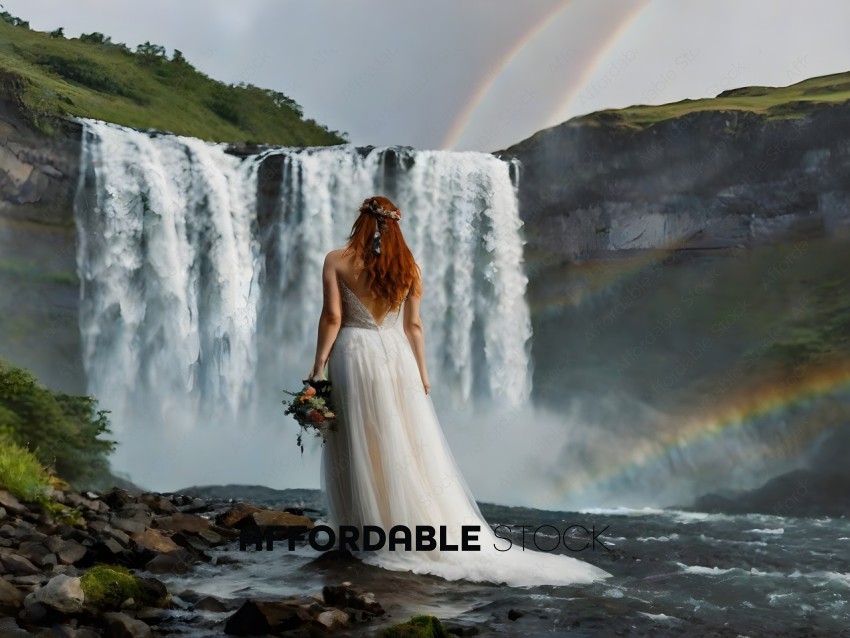 A woman in a white dress stands in front of a waterfall