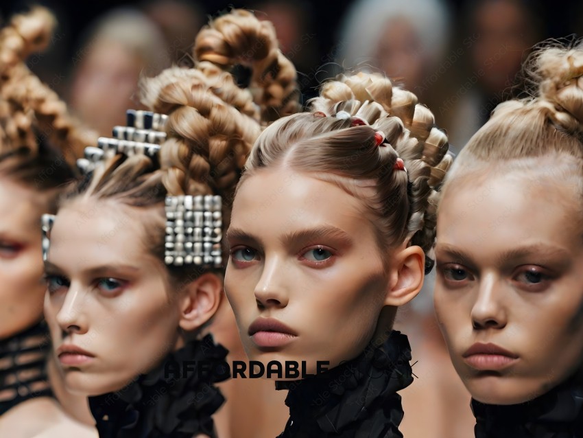 Three models with braided hair and makeup