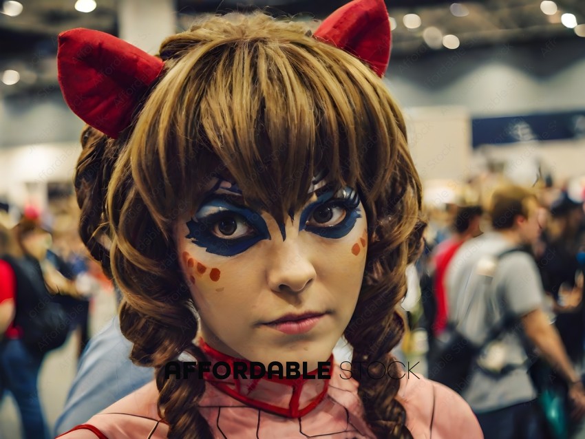 A girl with painted face and hair in pigtails wearing a pink and red costume