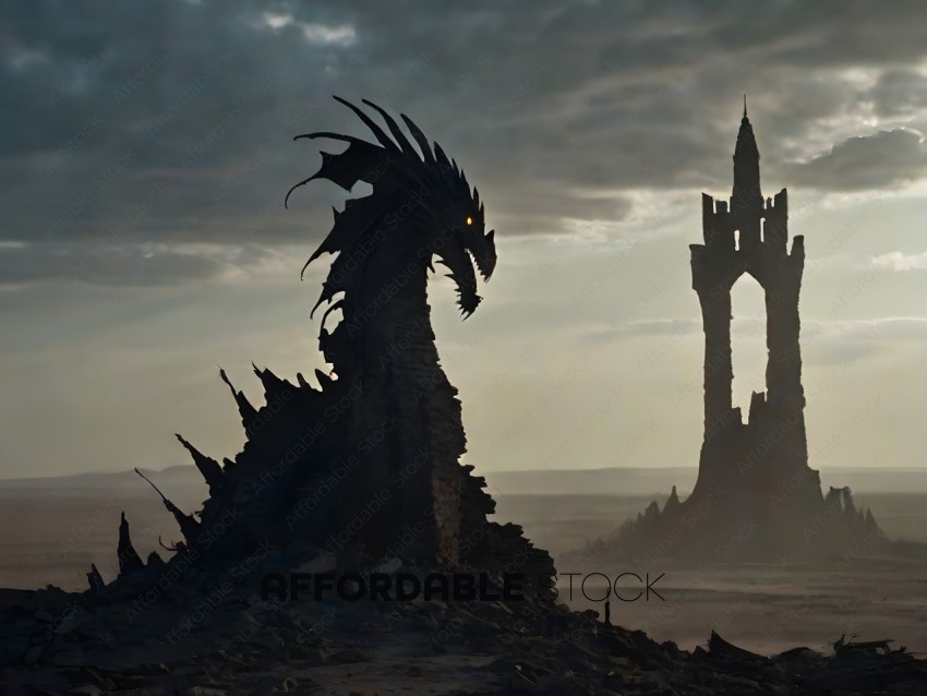 A dragon statue stands in front of a castle