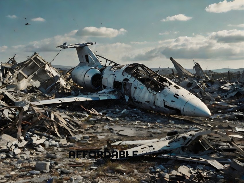 A destroyed airplane in a field
