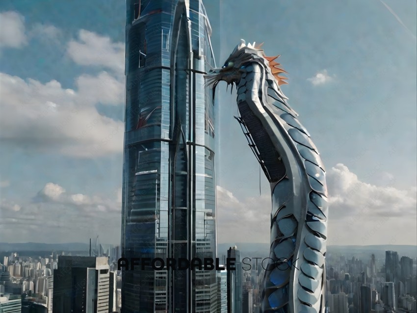 A dragon statue in front of a skyscraper