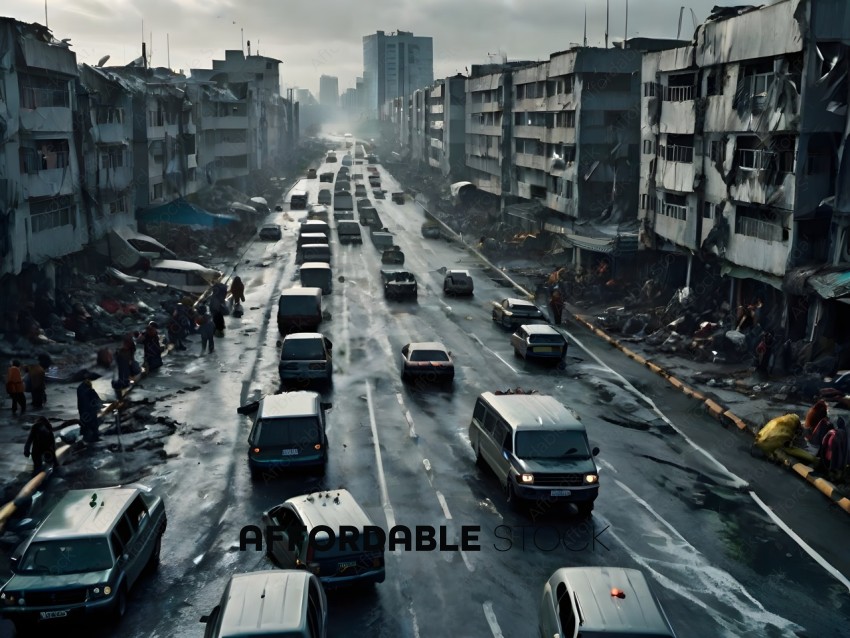 Cars and trucks on a road in a city that has been destroyed