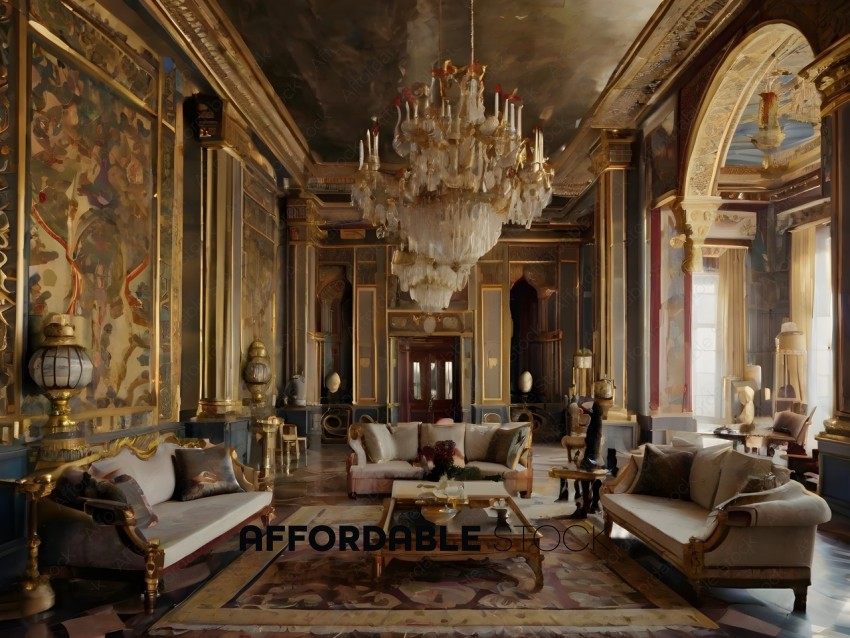 A grand room with a chandelier and a large rug