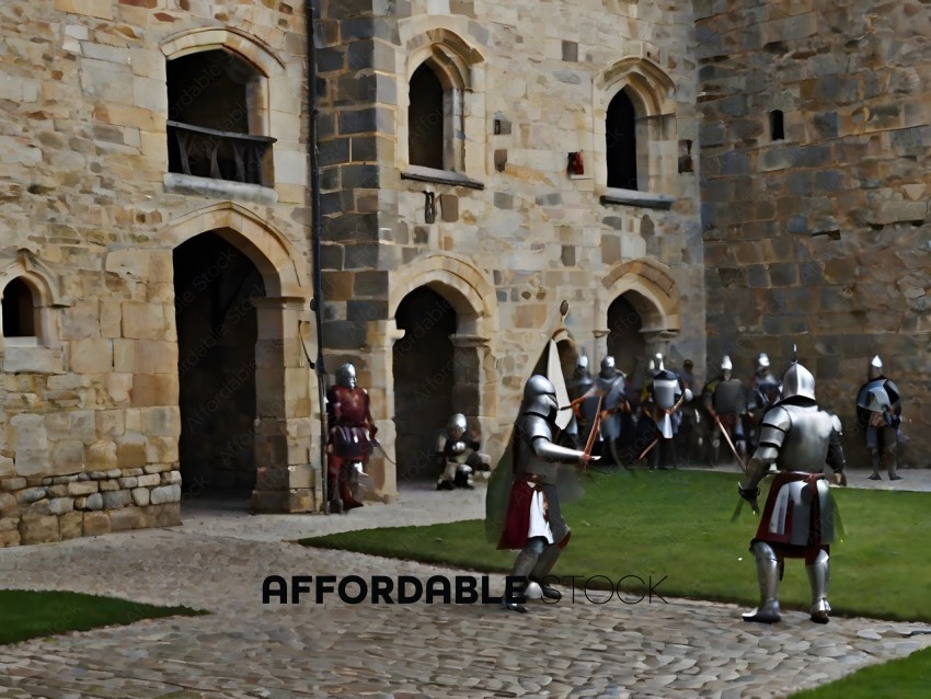 Knights in armor stand in front of a building