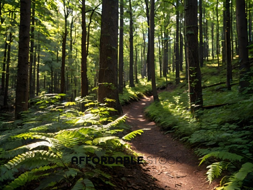 A dirt pathway through a forest with ferns and trees