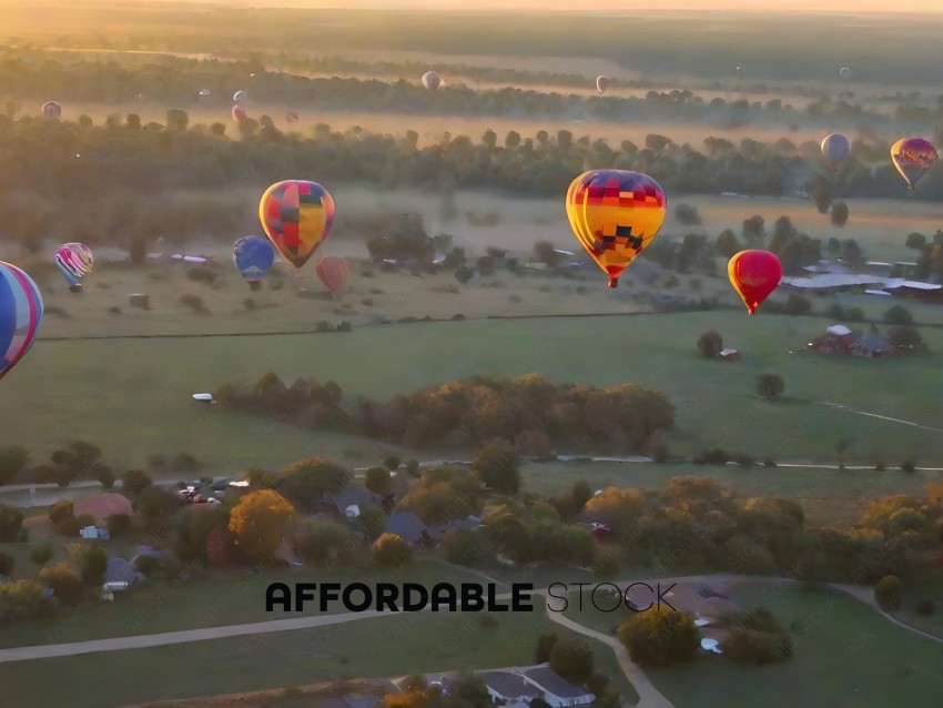 Hot Air Balloons Flying Over a Town
