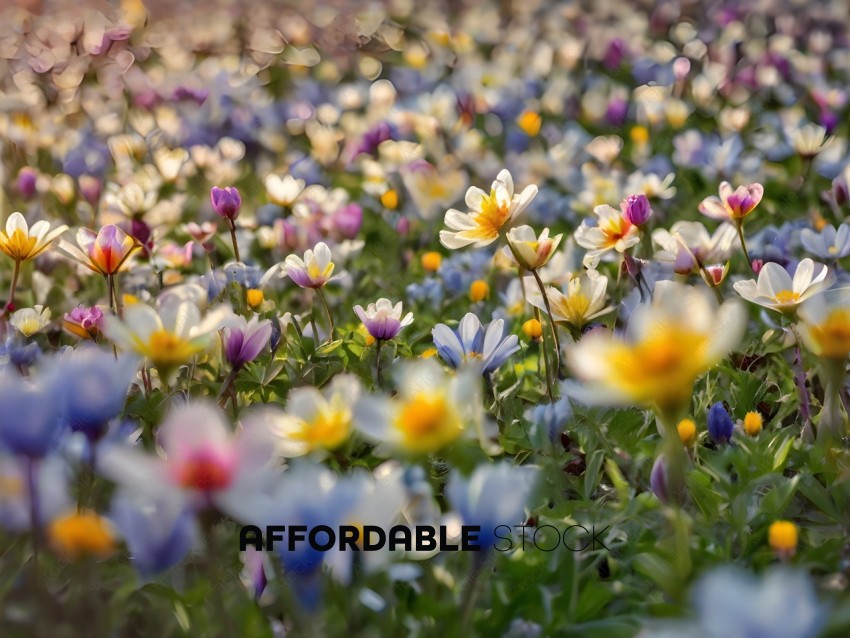 A field of flowers with yellow, blue, and purple flowers