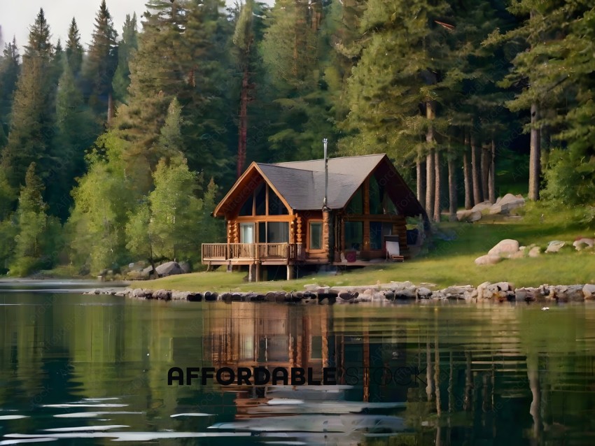 A cabin on the water with a reflection in the water