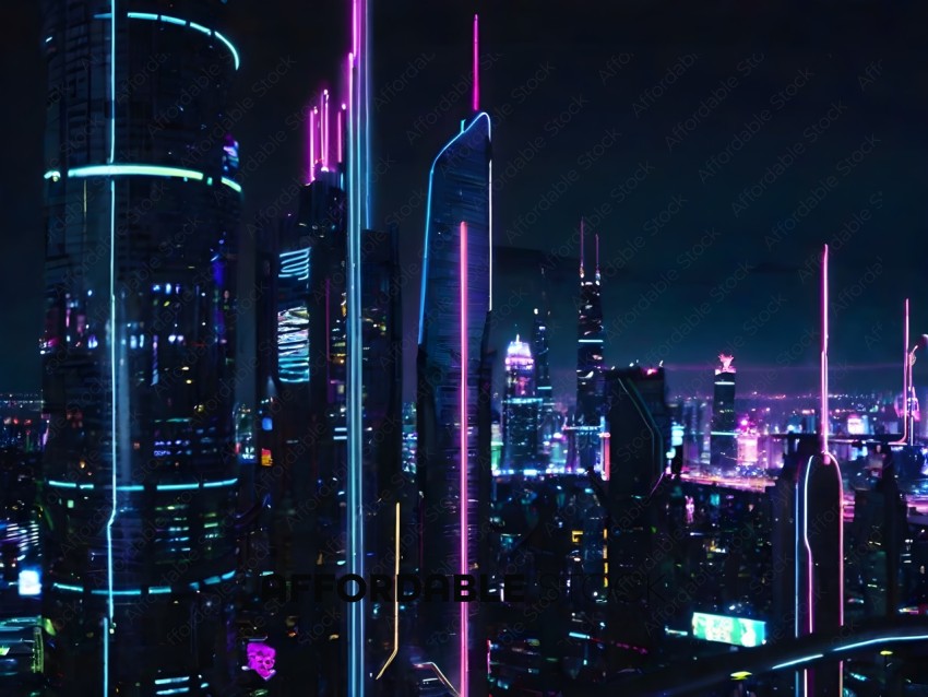 A cityscape at night with a futuristic feel