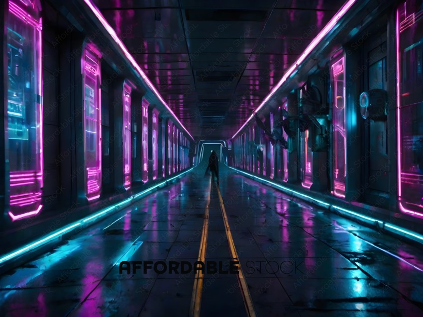 A person walking down a long hallway with pink and blue lights