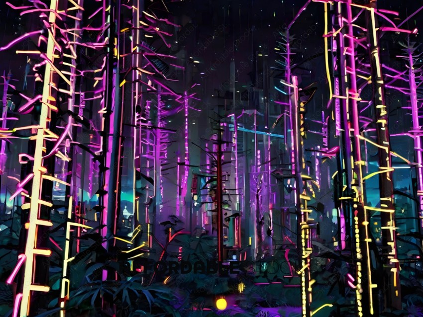 A dark, purple, and pink forest with a yellow light in the distance