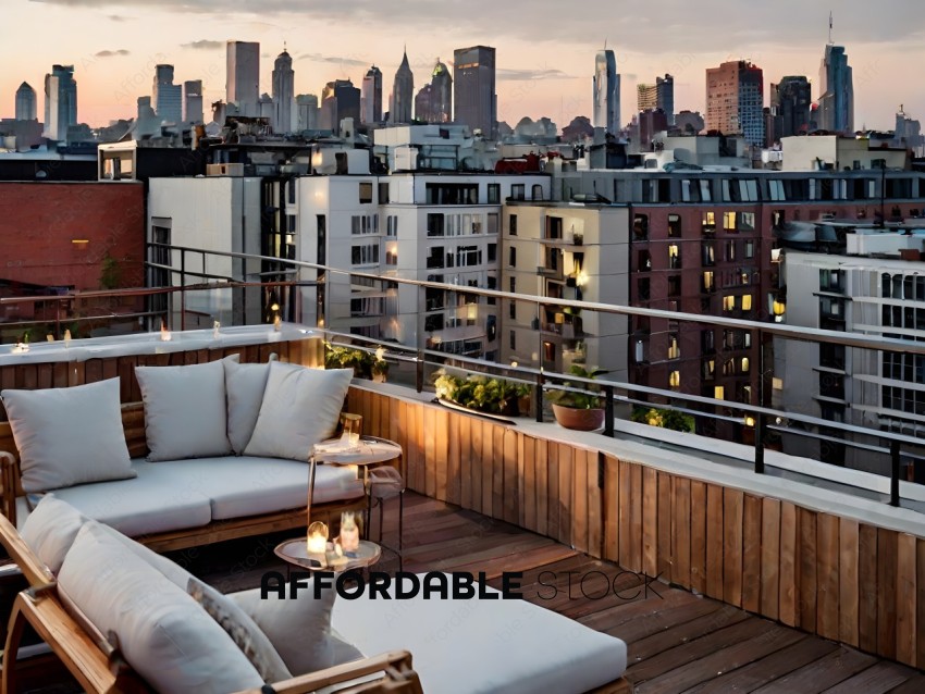 A rooftop patio with a cityscape in the background