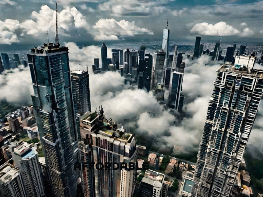 A cityscape with a large building and a lot of clouds