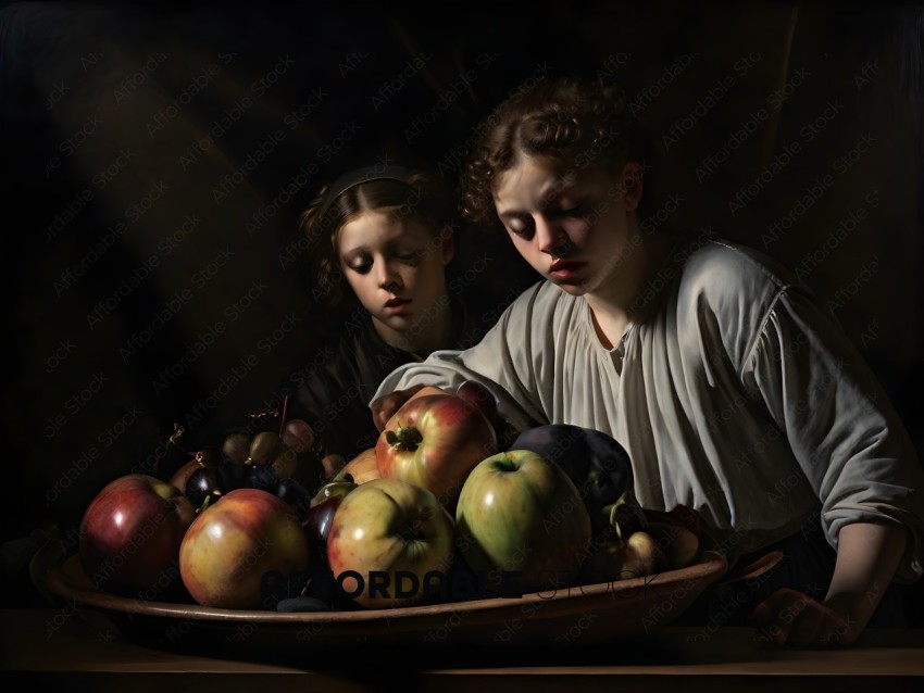 Two girls are sitting in front of a bowl of fruit