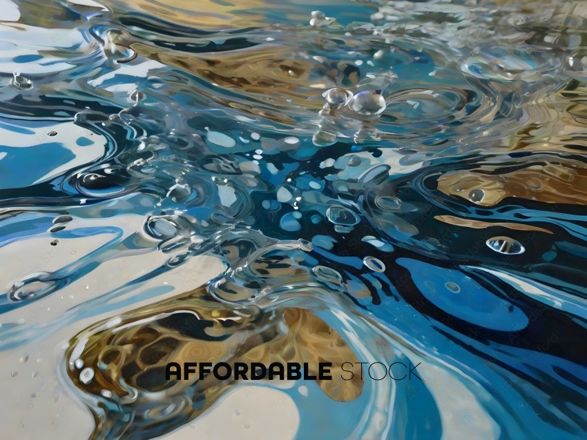 A blue and white painting of a wave with bubbles