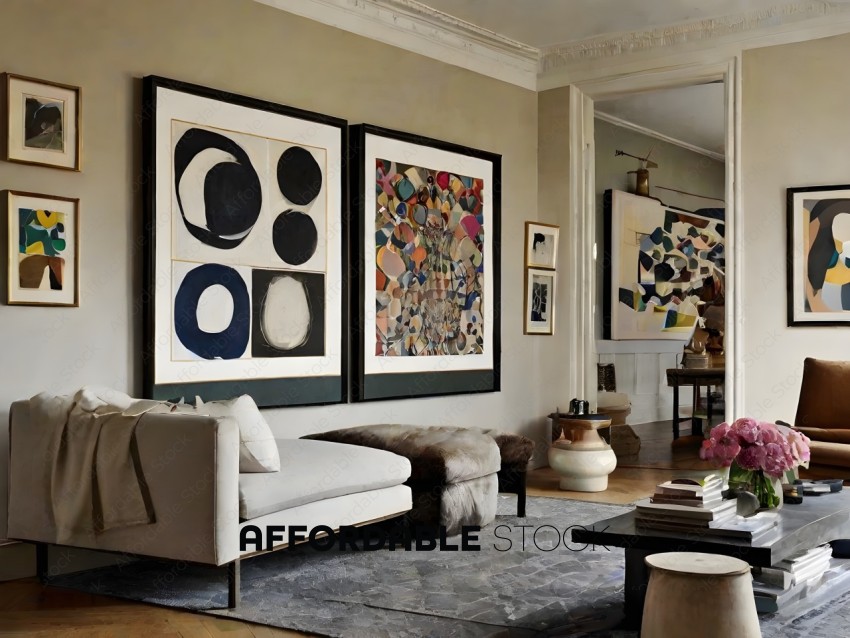 A living room with a white couch and a rug
