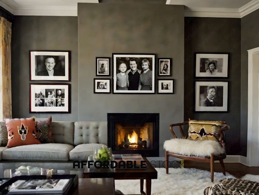 A cozy living room with a fireplace and family photos