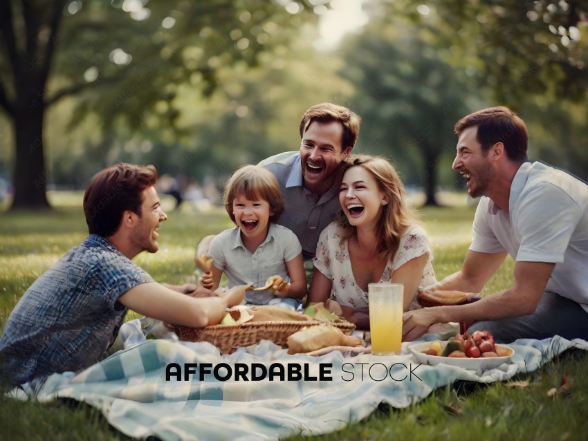 A family of four laughing together at a picnic