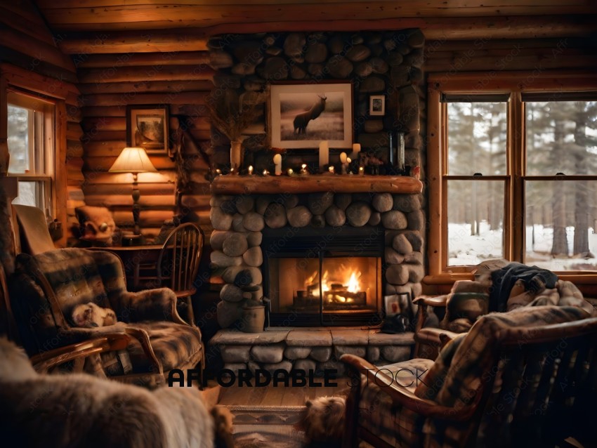 A cozy cabin with a fireplace and a dog