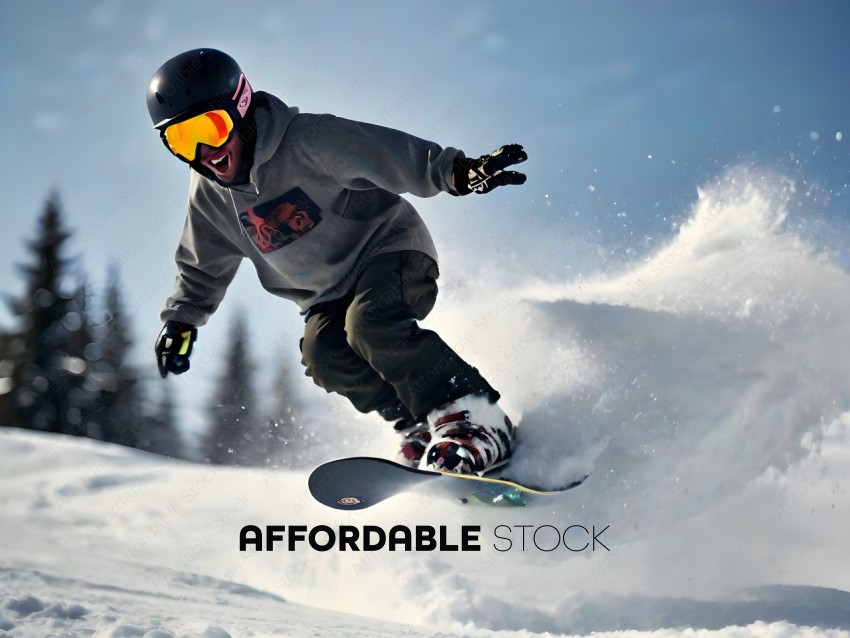 Snowboarder in Gray Jacket and Black Pants Riding Down a Snowy Slope
