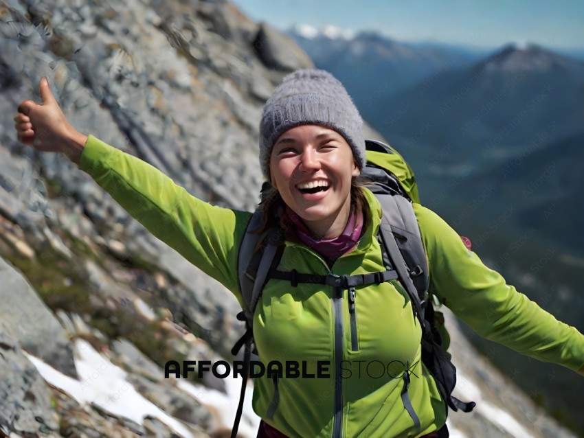 A woman in a green jacket and grey hat smiles while hiking