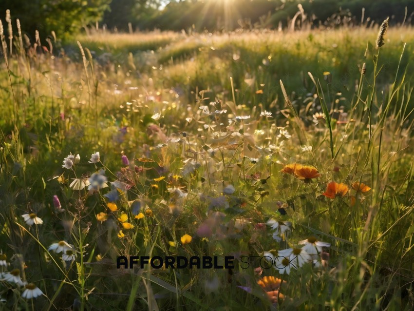 A field of flowers with sunlight shining through
