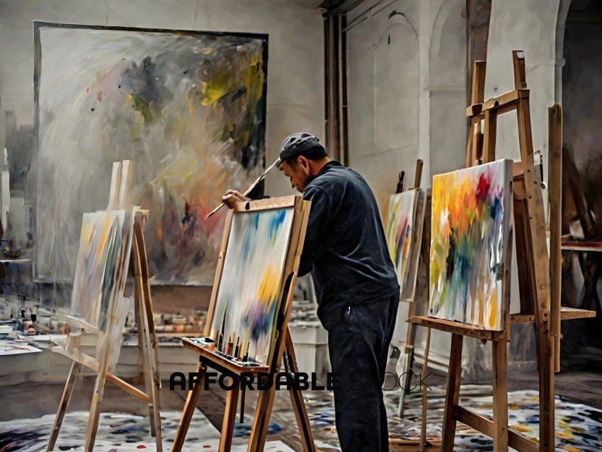 Man in a studio painting a picture