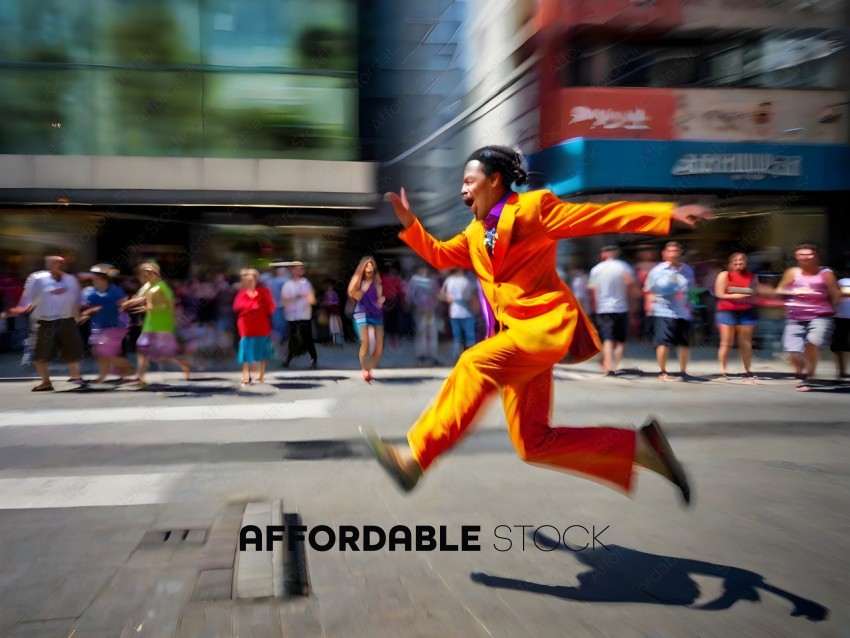 Man in Yellow Suit Jumping in Street