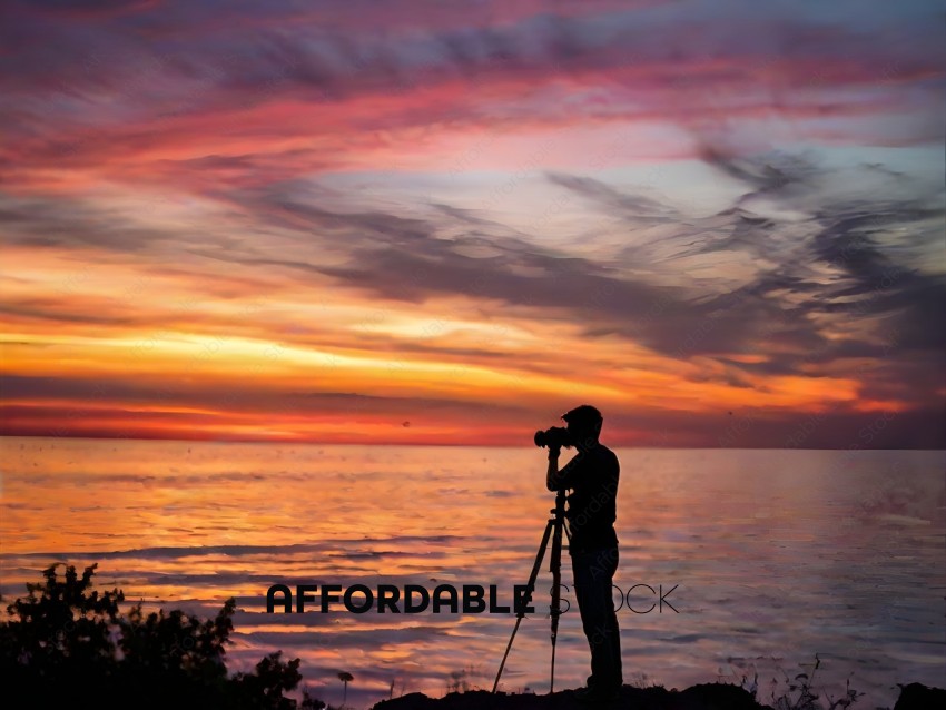 A man taking a picture of the sunset over the ocean