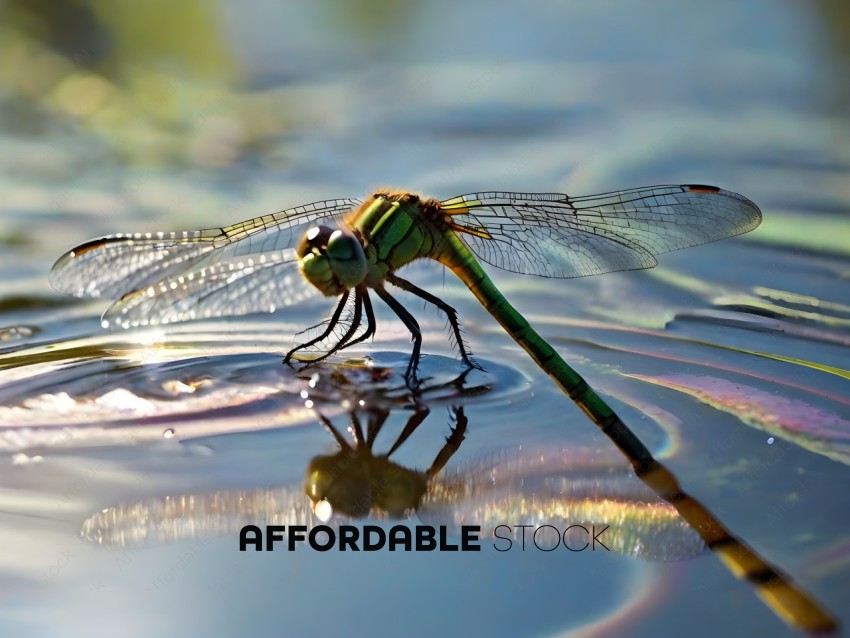 A dragonfly is perched on a body of water