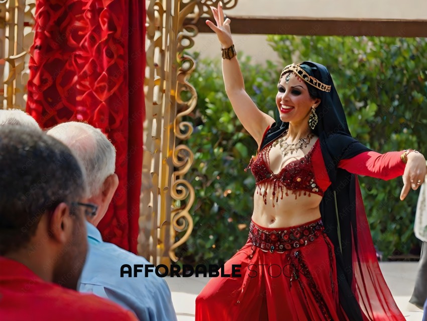 A woman in a red costume dances for an audience