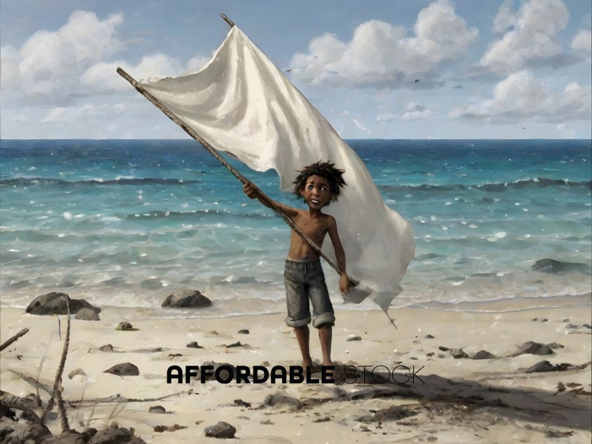 A young boy holds a white flag on a beach