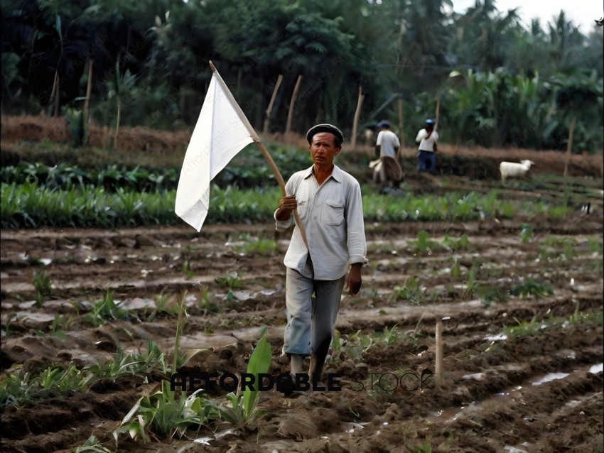 Man in a field holding a white flag