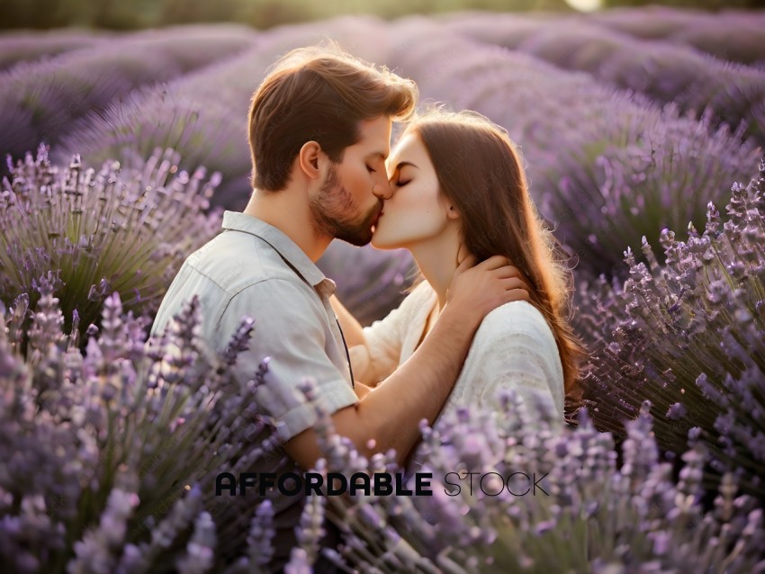 A couple kissing in a lavender field