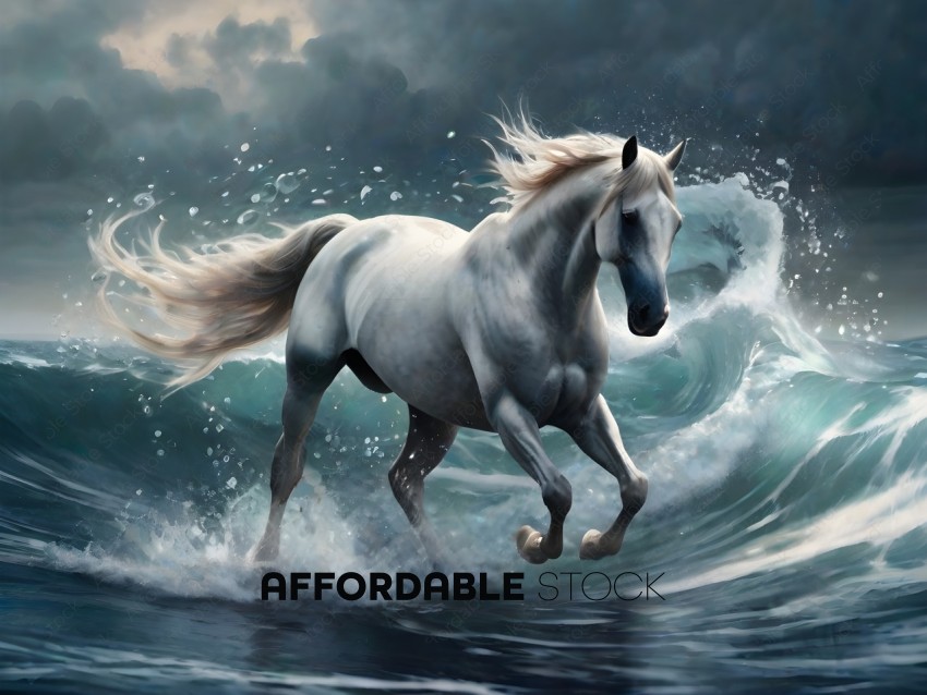 White Horse Running Through Water