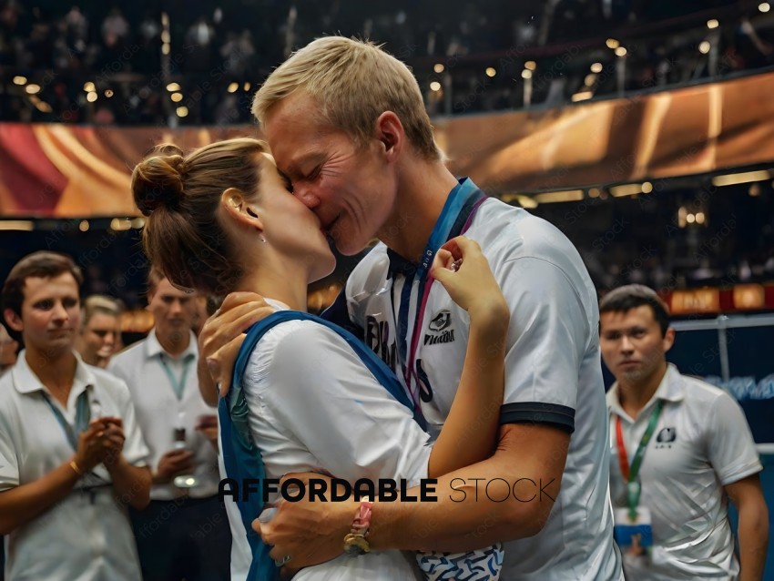 Man and Woman Kissing with Medals