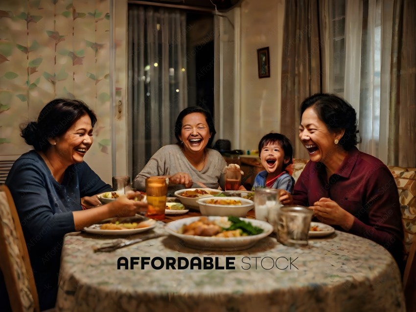Four people laughing at a table with food