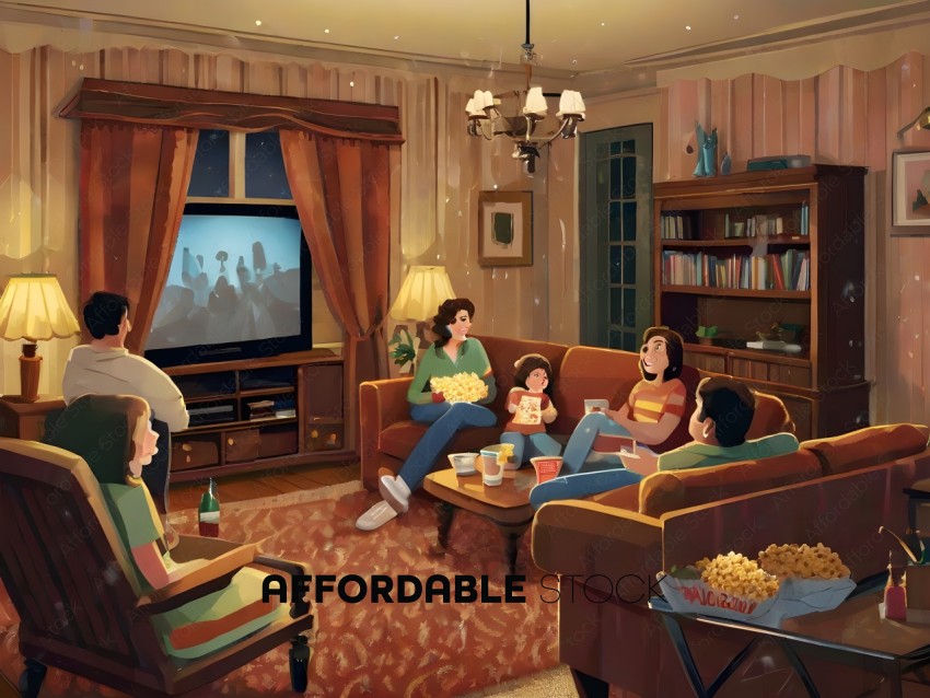 A family of four and one friend are watching a movie together