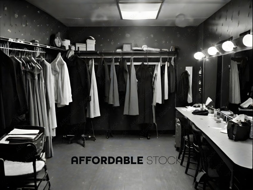 A black and white photo of a dressing room with a table and rack of clothing
